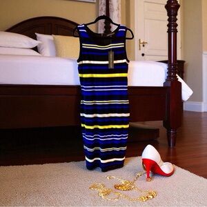 Black Striped Bodycon Dress Large Colorful Designer  NWT